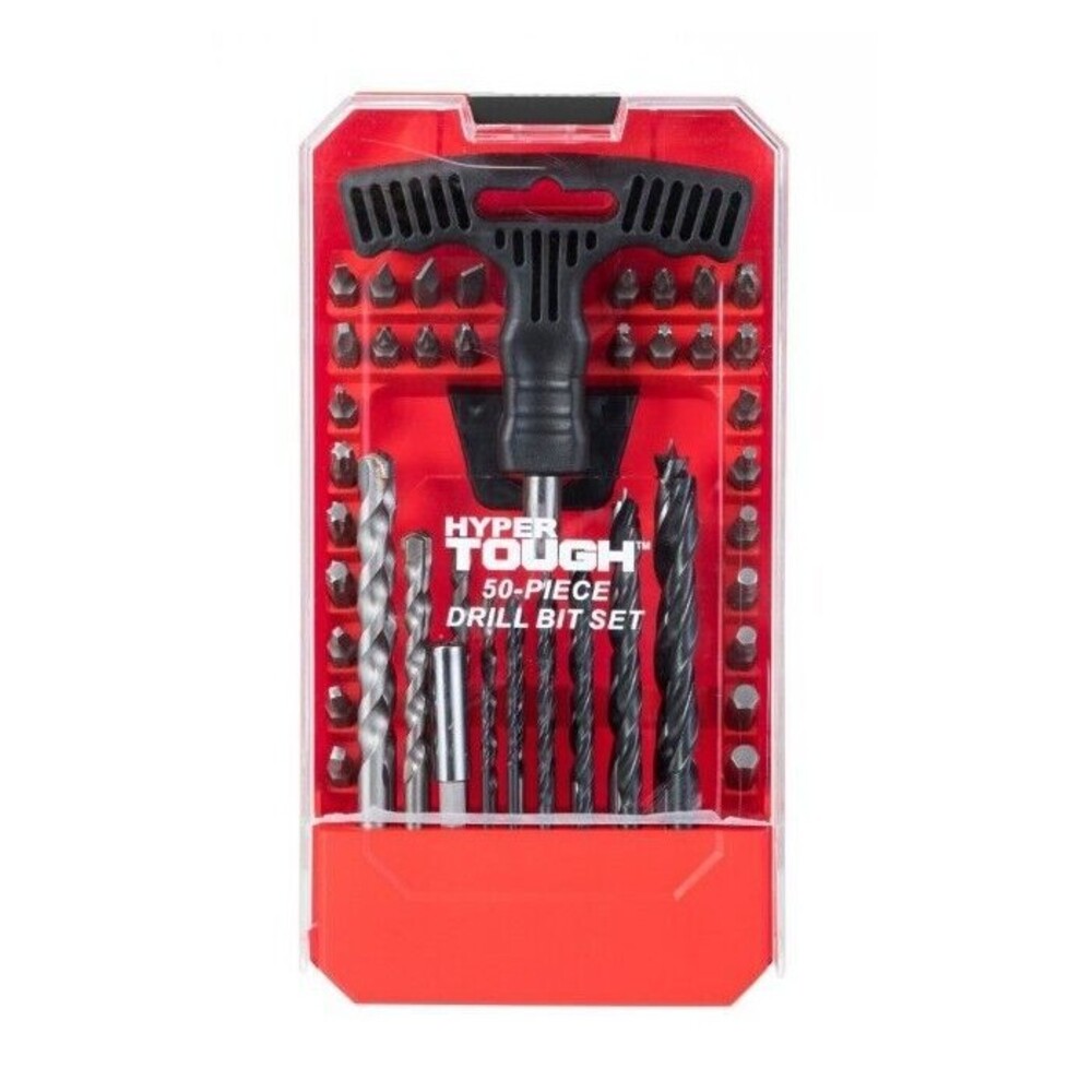 Hyper Tough 50-Piece Drill Bit And Driver Bit Set In Plastic Red Case Tools